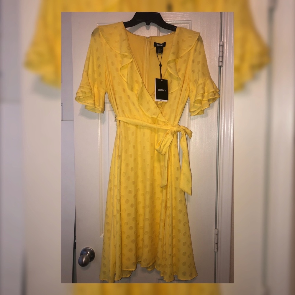 NWT DKNY Chiffon Ruffle Short Sleeve Surplice V-Neck Faux Wrap Yellow Dress